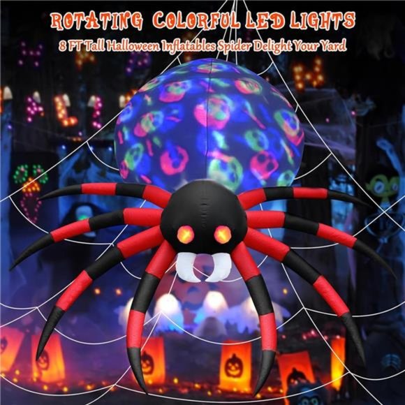 8 FT Halloween Inflatable Spider with LED Rotating Skull Head Lights & Red Eyes - Picture 2 of 6